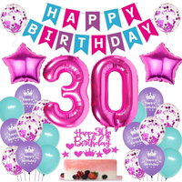 Bannière Joyeux Anniversaire, Ballons Étoiles 0-9 en Aluminium, Ballons en Latex Imprimés, Confettis, Décoration de Gâteau pour Fête d'Anniversaire Fille Femme