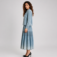 Excellence de la mode, expédition rapide, ensemble plissé vintage pour femmes en deux pièces, haut à manches longues boutonné et jupe mi-longue en forme de A