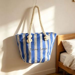 Sac fourre-tout écologique promotionnel, logo de marque personnalisé imprimé, motif rayé, sac de shopping en coton avec poignée en corde - Product Image 3