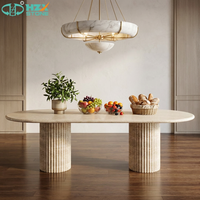 Table à manger en marbre blanc super clair, design ovale moderne, pierre naturelle HZX, finition polie, pieds cannelés, imperméable, pour villa ou hôtel.