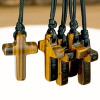 Collier pendentif croix œil de tigre protection naturelle style punk, cordon en cuir, cadeau pour femmes et hommes, bijoux religieux