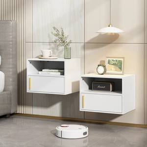 2025 Unique Bedroom White Wood <strong>Bedside</strong> <strong>Table</strong> <strong>Cheap</strong> Wall Mounted Storage Floating Nightstands <strong>Set</strong> <strong>of</strong> <strong>2</strong> With Open Shelf and Door - Product Image 5