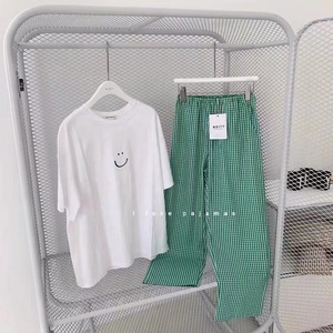Nouveau femmes Plaid pyjamas pantalon tenue décontracté adulte mode maison sous-vêtements à manches courtes été automne printemps 95% Polyester tricoté - Product Image 4