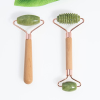 Rouleau de jade naturel en quartz rose avec manche en bois, têtes simples/doubles à picots, cadre métallique, anti-rides pour les yeux et le cou