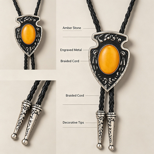 Bolo Tie Western Vintage pour Homme, avec Pendentif Flèche et Bouclier en Pierre d'Ambre, en Métal Gravé, Cordon en Cuir Tressé, Bijou Décontracté pour Chemise - Product Image 4