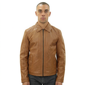 Chaqueta de Cuero Genuino Marrón para Hombre, con Relieve, Acolchada, Cuello Alto, Cierre de Cremallera, Manga Regular, Color Sólido, para Otoño - Product Image 1
