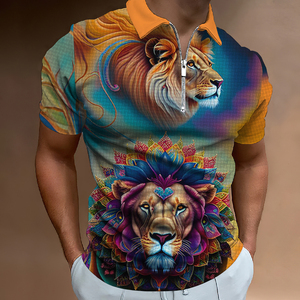 เสื้อโปโลปกคอพับซิปลายทางมีซิปสำหรับผู้ชายเสื้อกอล์ฟแขนสั้นลายสิงโตสัตว์3D กราฟิก - Product Image 3