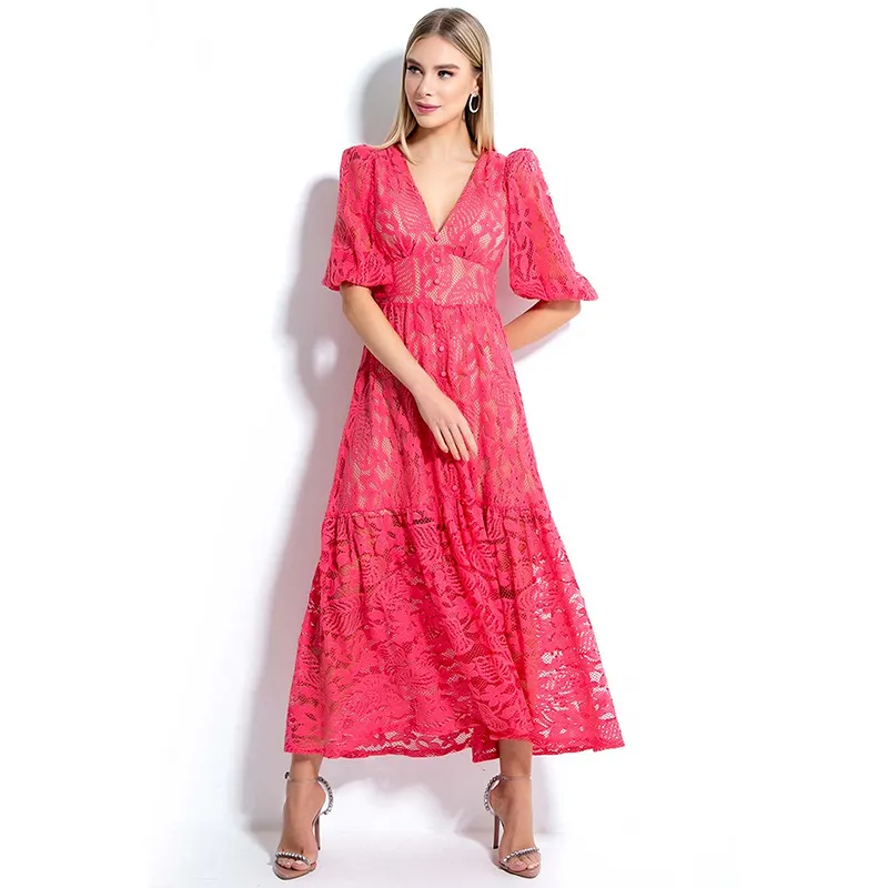 Customized Casual New Design V Neck Lantern Short Sleeves Tiered Ruffles High Waist Lace Maxi Long Dress For Women