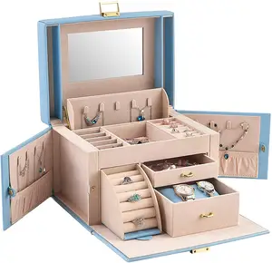 レディースジュエリーボックス、2つの引き出しロックミラー付きフェイクレザージュエリー収納ボックス時計、NecKLacesなどのジュエリー収納ボックス