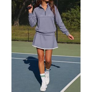 Custom Womens 2 Piece Gingham Set Half Zip Sweatshirt Mini <b>Skort</b> Stand Collar Long Sleeve Preppy Style Above Knee - Product Image 4