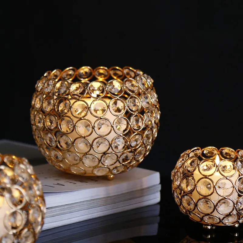 Castiçal romântico de cristal de ouro para decoração de mesa de casamento