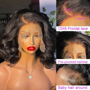 Perruques Courtes Bouclées en <span class=keywords><strong>Cheveux</strong></span> Humains pour Femmes Noires, Perruque Synthétique Bouclée Pré-découpée 13*4 avec Dentelle, 10 Pouces (Noir Naturel) - Product Image 3