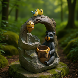 Fontaine d'eau décorative en pierre à deux niveaux avec motif animalier forestier, éclairage et pompe, 18,5x11,8x22,6 - Product Image 2