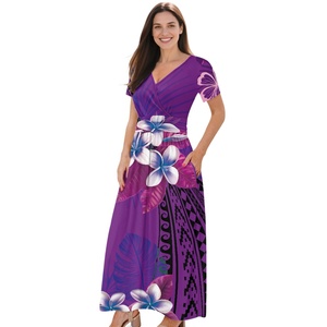 Vestido Maxi Casual de Manga Corta con Cuello en V y Estampado de Flores Polinesias y Aves del Paraíso, Hecho a Medida, en Oferta - Product Image 4