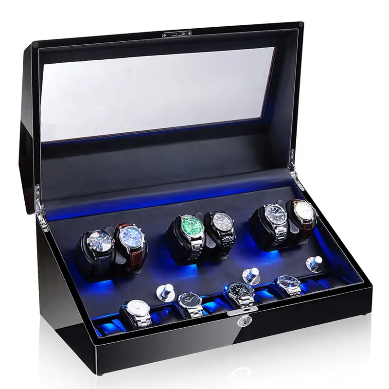 Enrolador de relógio com logotipo personalizado enrolador de relógio automático de madeira de luxo, grandes caixas de relógio de madeira, caixa de relógio de luxo preta