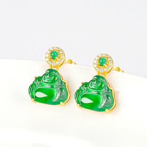 High-end natural A-grade jadeite green Buddha ear ring in Yang Green color. Ice-grade jade. Fashionable S925 <b>silver</b> setting - Product Image 1