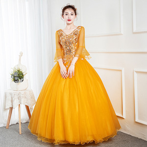 Golden Yellow Long Evening Gown With Embellished Bodice And Puffy Skirt For Women Stage <b>Performance</b> <b>Wear</b> - Product Image 2
