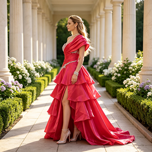 <span class=keywords><strong>Abito</strong></span> da sera <span class=keywords><strong>lungo</strong></span> monospalla in <span class=keywords><strong>organza</strong></span> fucsia con strass di cristallo, perle e perline, a balze, con spacco alto, per ballo di fine anno, matrimonio o feste formali - Product Image 4