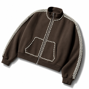 Sweat à capuche zippé marron de haute qualité pour homme, orné de perles et de pierres, col roulé, style streetwear décontracté, 100 % coton - Product Image 1