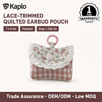 Étui portable matelassé pour écouteurs avec garniture en dentelle, imprimé floral à carreaux, fermeture à bouton-pression, attache à boucle, porte-clés en polyester, étui pour écouteurs