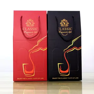 Wholesale Red Wine Juice Set Boxes Eco-friendly Elegant Grape Logo Printing 2 Bottles Wine Packing Paper Box With Handle
