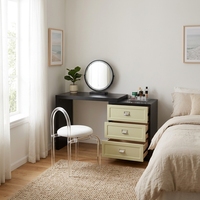 Table de maquillage élégante et vintage de style vert olive avec miroir LED rond et ensemble de bureau de maquillage minimaliste noir