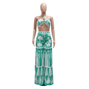 Ensemble deux pièces sexy pour femme : haut bustier lacé et pantalon large imprimé ajouré – Idéal pour sortir - Product Image 3