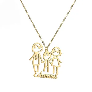 Großhandel kunstwerk für kinder zu tun-Kids Drawing DIY In Stainless Steel Family Jewelry Children Artwork Cute Necklaces For Couple