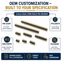 Strip Header Pin Jantan 2.0mm Langsung dari Pabrik 2P-40P Pin Kuningan Ujung Berlapis Emas Dua Baris Lubang Tembus PA66 UL94 V-0 RoHS