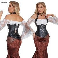 Steampunk Corset en cuir pour femme en forme de W Velours Halterneck Strap Rouge Noir Boucle Dentelle Plus Size Firm Underbust Corset