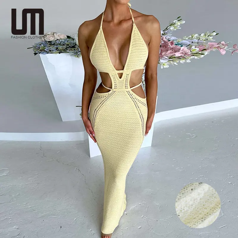 Liu Ming 2023 Spring Sexy Halter Sleeveless Backless Slim Crochet Knitted Maxi Dress For Women