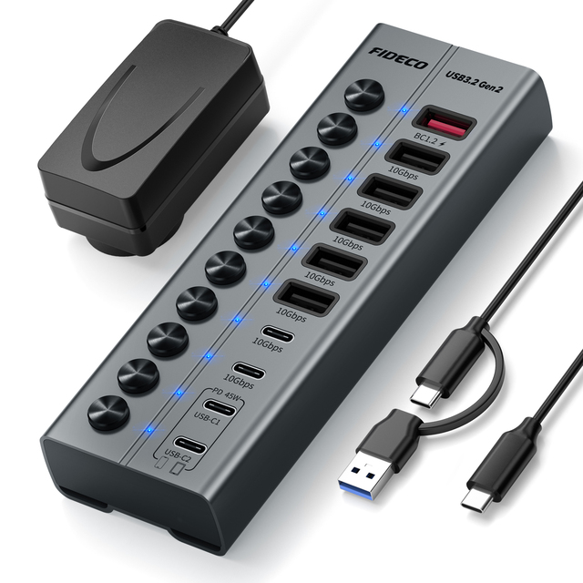 2026 New Aluminum 10 Ports Type A/C  Hub PD 45W Charge 10Gbps with Individual Switch 10 Port Usb Hub