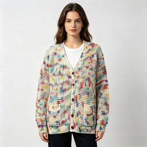 Cárdigan de punto con efecto tie-dye para mujer, suéter de manga larga con cuello en V y bolsillos para otoño - Product Image 1