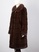 Manteau élégant mi-long en fausse fourrure Zeyu pour femme, col moelleux, empiècements horizontaux, chaud, coupe ajustée, marron, veste d'hiver en fausse fourrure écologique
