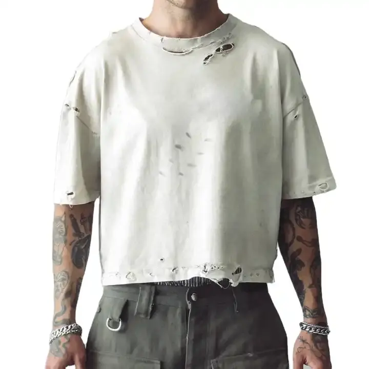 T-shirt de luxo personalizado dos homens de qualidade Pantone Color Option 100% algodão Tops Raw Edge angustiado Vintage T-shirts