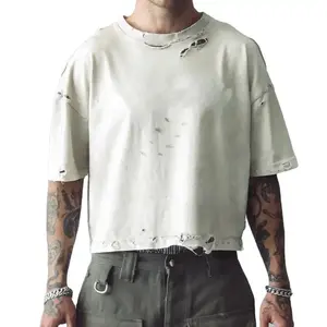 Custom Luxury Quality Men's T-shirt Pantone Color Option 100% Cotton Crop Tops Raw Edge Distressed Vintage T-shirts