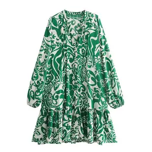 Q1960 Nieuwe 2024 Zomer Chique Groene Kleur Print Lange Mouw V-Hals Ruches Jurk Dames Casual Jurken Kleding 5