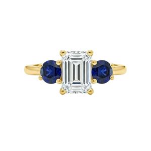 Bague de fiançailles pour femme en or 14 carats plaqué rhodium vintage avec diamant de laboratoire de 1,60 ct et saphir bleu, taille émeraude, 3 pierres - Product Image 5