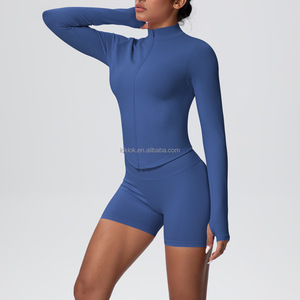 Conjunto de Yoga de Invierno Personalizado para Mujer, Chaqueta con Cremallera de Manga Larga, Pantalones Cortos de Yoga Deportivos de Cintura Alta, Ropa Deportiva de Yoga sin Costuras, Chaqueta de Gimnasio - Product Image 3