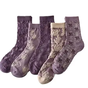 Motif de fleurs femmes bulle tricoté Cotto chaussettes mince violet mignon adolescente Court Style robes chaussettes