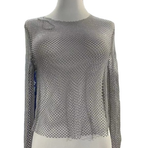 Vestido de fiesta de color claro con diamantes de imitación para mujer, camiseta Sexy transparente de malla con diamantes, camiseta gris de manga larga con cuello redondo - Product Image 1