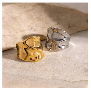 Luxury Stainless <b>Steel</b> Gold Plated Hammer Pattern Geometric Irregular Open Cluster <b>Ring</b> for Men and Women - Product Image 2