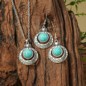 <b>Necklace</b> And Earring <b>Set</b> Turquoise Alloy Bohemian Style Women's Jewelry Party Fashion Antiqued <b>Silver</b> Plated - Product Image 4