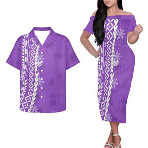 Abiti neri polinesiani stampa tribale Samoa Tapa floreale monospalla abiti da donna e camicie da <span class=keywords><strong>uomo</strong></span> Logo personalizzato coppia set - Product Image 5