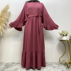 6530# <b>Summer</b> Premium Quality Crew Neck Wrinkle Crepe Sage Long Sleeve Islamic Women Maxi Dresses Include Belt 5 Colors - Product Image 5