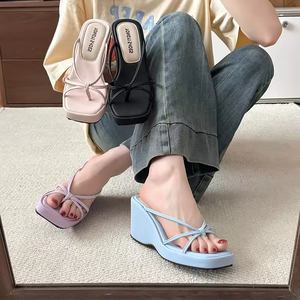 Casual Toe Wedge for Summer <b>Flat</b> Bottom Design Bow Thick Bottom <b>Sandals</b> Women's Shoes Elegant Outwear Fashion All-Match - Product Image 2