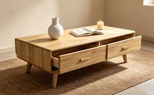 Minimalist Nordic Solid Oak Coffee <b>Table</b> with 2 Storage <b>Drawers</b> for Living Room - Product Image 3