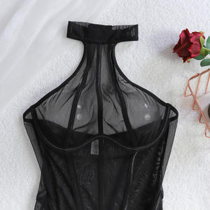 Sexy Full Body Lingerie Stripes Halter Sleeveless Backless Jumpsuit 2PC Set Metal Fastener Thong <strong>Sheer</strong> Footed Bodysuit <strong>Catsuit</strong> - Product Image 5