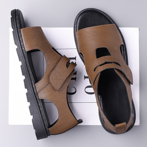 Sandales plates pour hommes en cuir souple avec fermeture Velcro, antidérapantes, pour l'été, la plage, en noir, marron, gris, tailles 39, 40, 41, 42, 43, 44 - Product Image 4