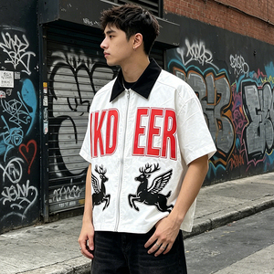 T-shirt oversize zippé à manches courtes pour <span class=keywords><strong>homme</strong></span>, style universitaire, streetwear d'été, avec imprimé graphique audacieux sur toute la surface et col contrastant - Product Image 5